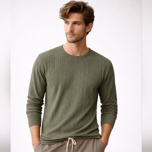 Fiume Mens Stretch Ribbed Long Sleeve Pullover Tee Shirt Olive Green Med